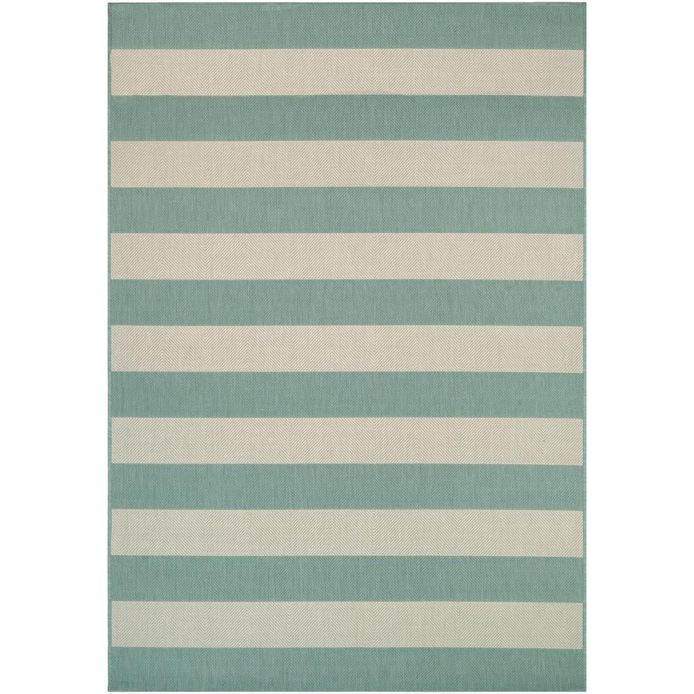 Sea Mist and Ivory Stripe Synthetic 5'3" x 7'6" Outdoor Rug
