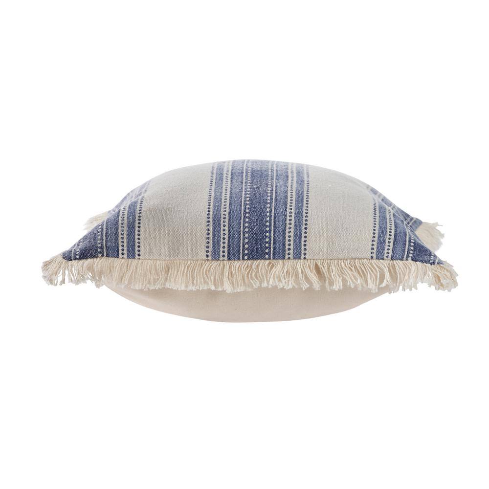 Navy and Ivory Striped Cotton Throw Pillow Set with Fringe