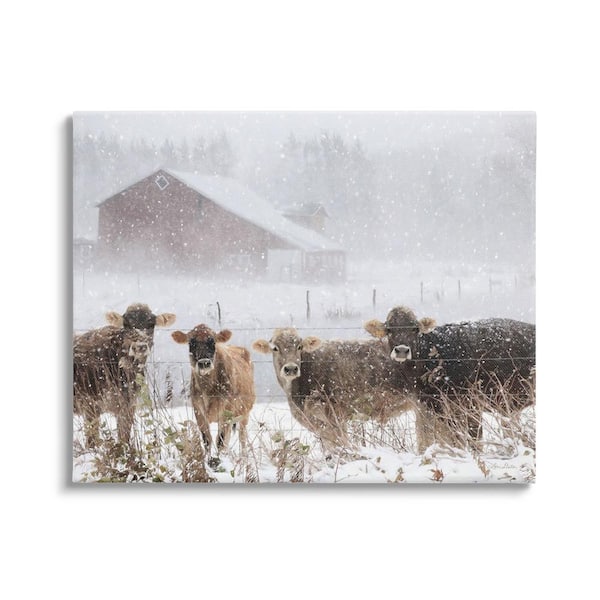 The Stupell Home Decor Collection Winter Farm Scene Cow Cattle Snowflakes Barn Design by Lori Deiter Unframed Animal Art Print 30 in. x 24 in.
