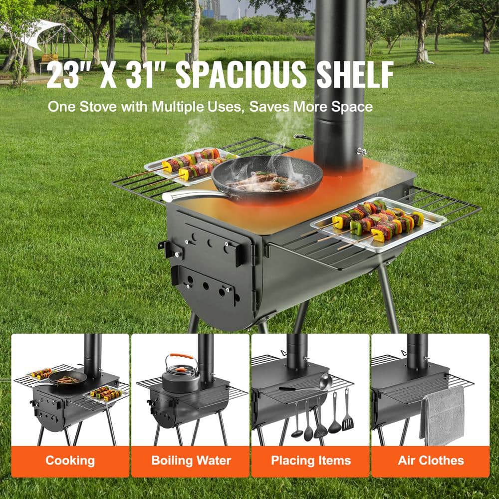 VEVOR Black Alloy Steel Portable Outdoor Wood Burning Stove with Shelves