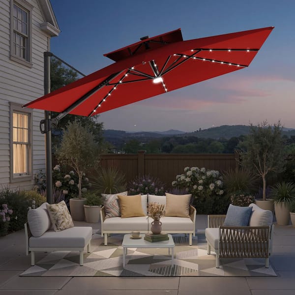 12 foot patio umbrella with solar lights Kozyard 15 FT Rectangular Double-Sided Lights, Outdoor Patio Umbrella with Crank Lift, Base Included, UV-Resistant for Pool, in backup for dependable illumination 【Vented Double 15.5FT Extra Large Patio Umbrella