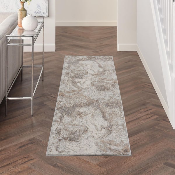 Elation Ivory Grey 2 ft. x 8 ft. Floral Medallion Contemporary Kitchen Runner Area Rug