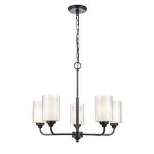 Fairbank 5-Light Matte Black Chandelier with White and Clear Glass Shade