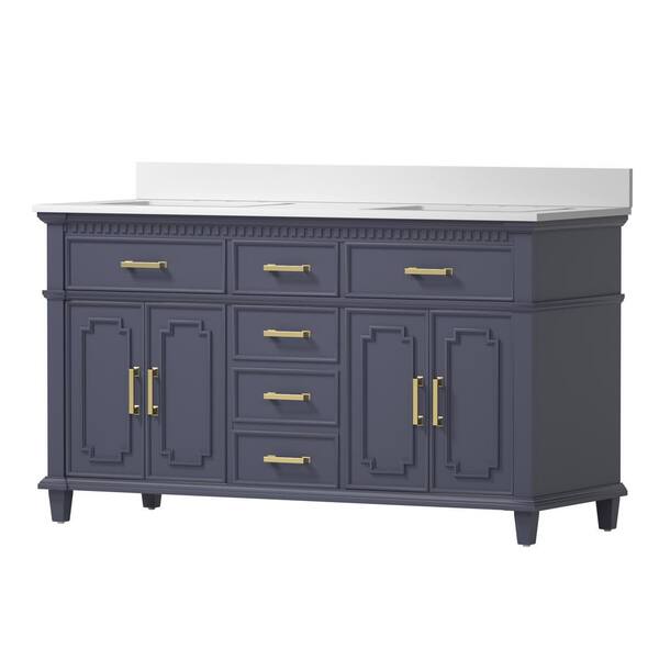 TOOLKISS 60 in. W x 22 in. D x 37.9 in. H Bath Vanity in Blue with White Engineered Quartz Composite Top