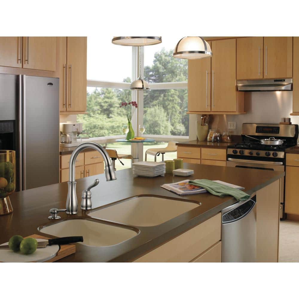 Leland Brushed Stainless Steel Pull-Down Kitchen Faucet with Soap Dispenser