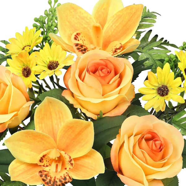 16 in. Yellow Orange Artificial Mixed Rose Cymbidium Orchid Daisy Flower Stem Bush Bouquet (Set of 2)