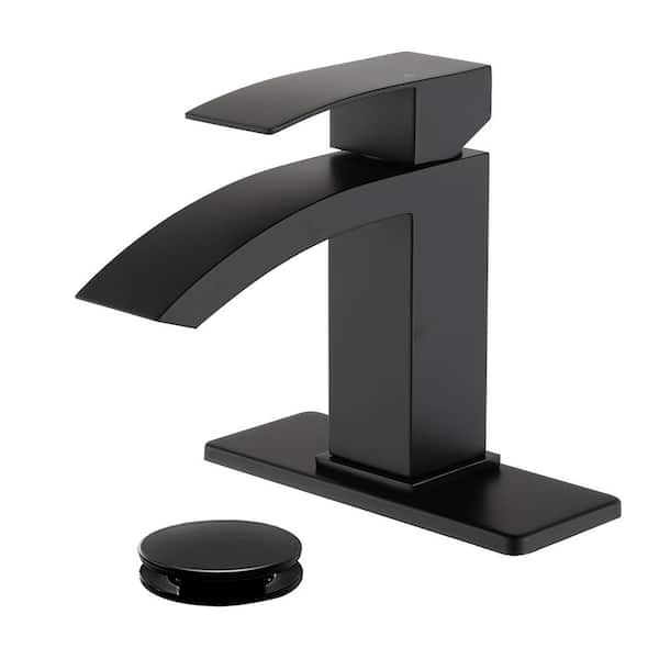 Single Handle Single Hole Bathroom Faucet with Deckplate and Drain Included, Square Bathroom Sink Faucet in Matte Black