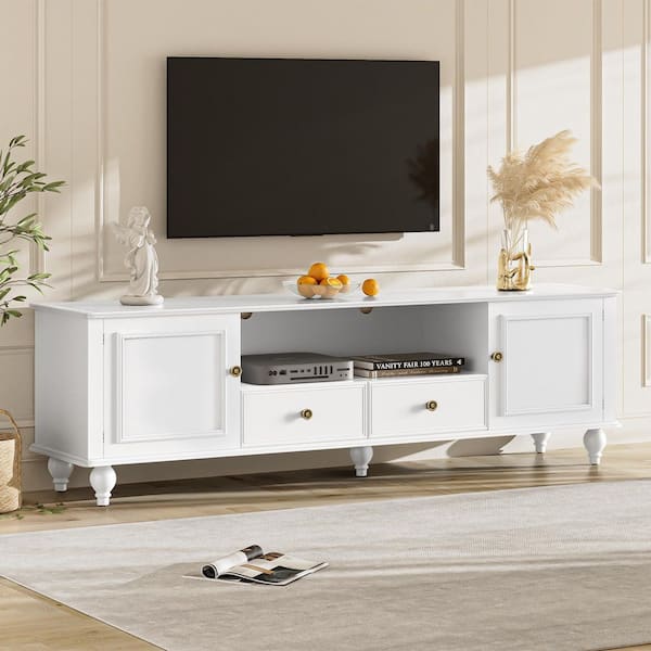 White TV Stand Entertainment Center Fits TVs up to 80 in. with 2 Drawers, 2 Cabinets and 5 Solid Legs for Living Room