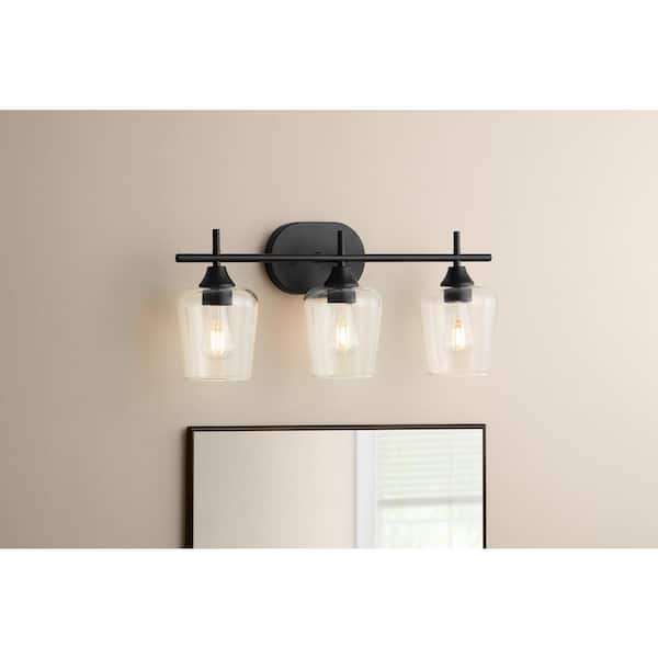 Hampton Bay Pavlen 24 in. 3-Lights Black Vanity Light with Clear Glass Shade