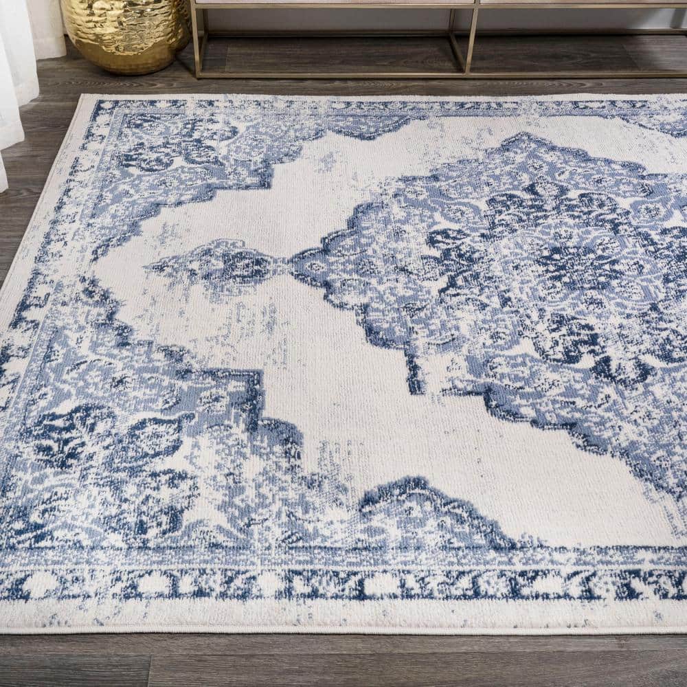 Light Blue and Ivory Synthetic Flat Woven 8' x 10' Area Rug
