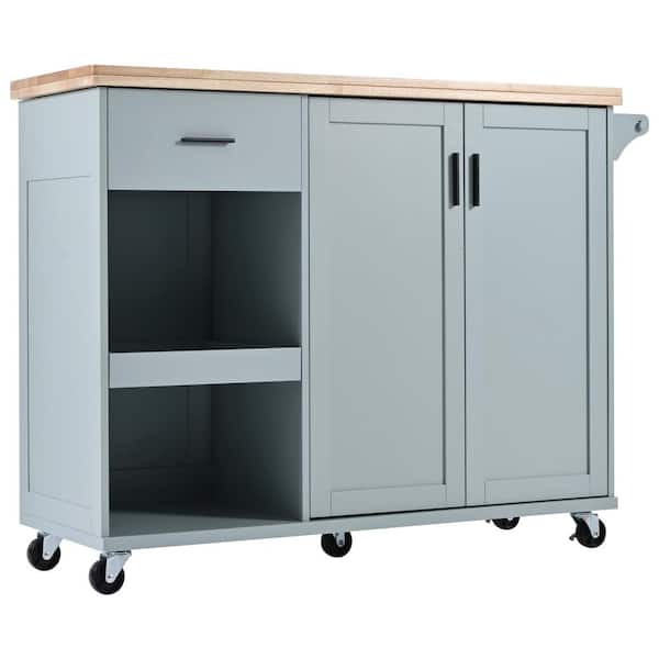 Tileon Grey Blue Rubber Wood 49 in. Kitchen Island Cart with Drop Leaf, Storage Cart with 2-Doors and Slide-Out Shelf