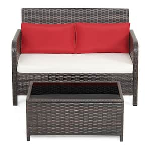 2-Piece Wicker Outdoor Loveseat Set Patio Rattan Loveseat with Coffee Table and Heavy-Duty Metal Frame