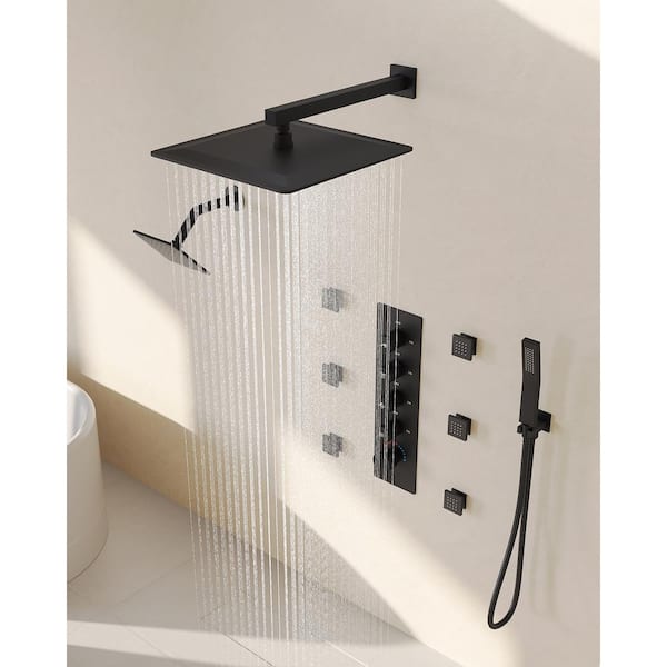 SerenityFlow Shower System 15-Spray 16 and 6 in. Dual Wall Mount Fixed and Handheld Shower Head 2.5 GPM in Matte Black