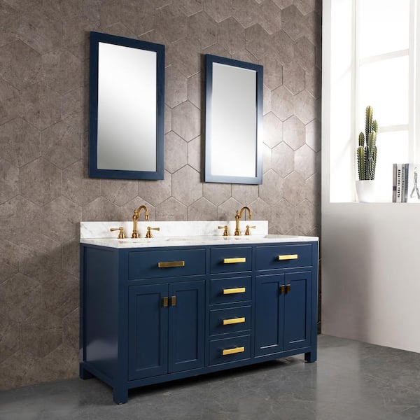 Water Creation Madison 60 in. W Bath Vanity in Monarch Blue with Marble Vanity Top in Carrara White with White Basin(s)