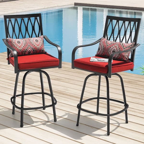Nuu Garden Black 2-Piece Swivel Metal Outdoor Bar Stools with Red