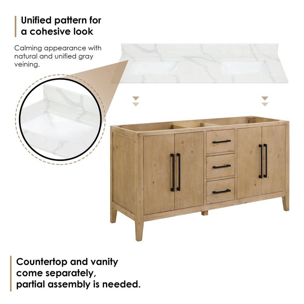 Weathered Fir Double Sink Freestanding Vanity with Quartz Top