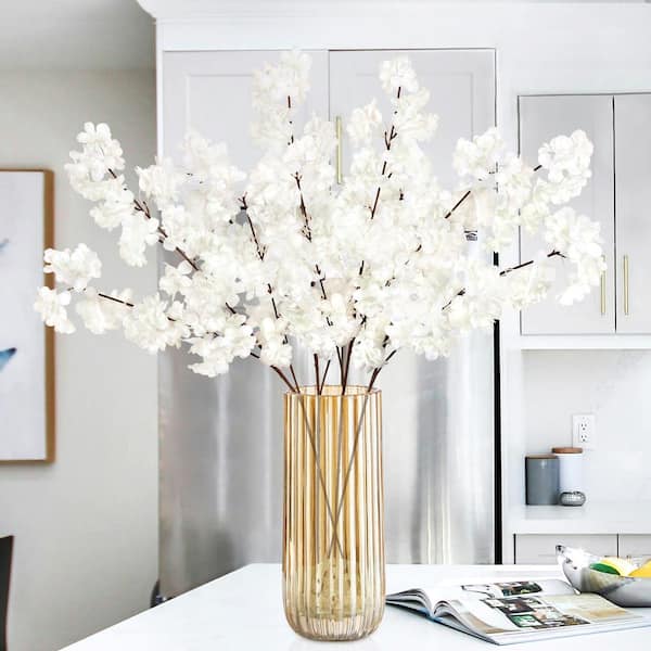 39 in. Double Bloom Cream White Artificial Cherry Blossom Flower Stem Spray Set of 4