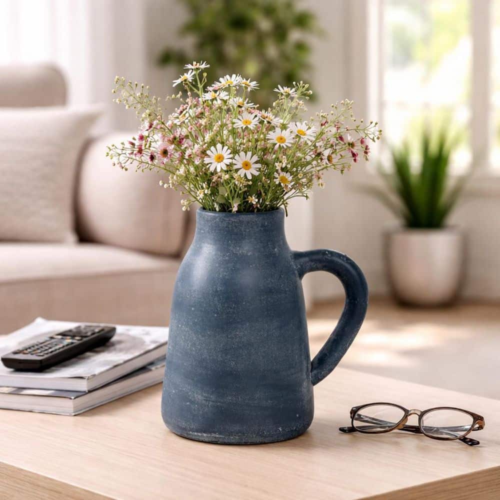 Liv & Skye 8.5 in. Blue Ceramic Amphora Solid Decorative Vase with