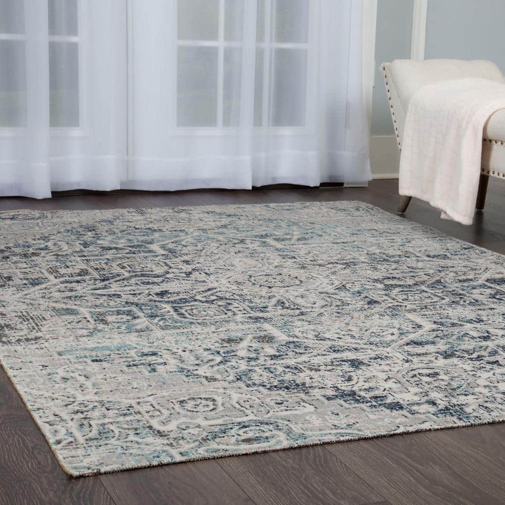 Sofia Fleur Navy Blue Aqua Medallion Indoor Outdoor Rug