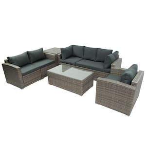 7 -Piece Modern Gray Steel and Rattan Wicker Outdoor Patio Sectional Sofa Set with Storage Box and Cushions