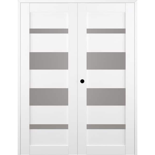 Mirella N 48 in. x 80 in. Right Hand Active 4-Lite Frosted Glass Snow White Wood Composite Double Prehung French Door