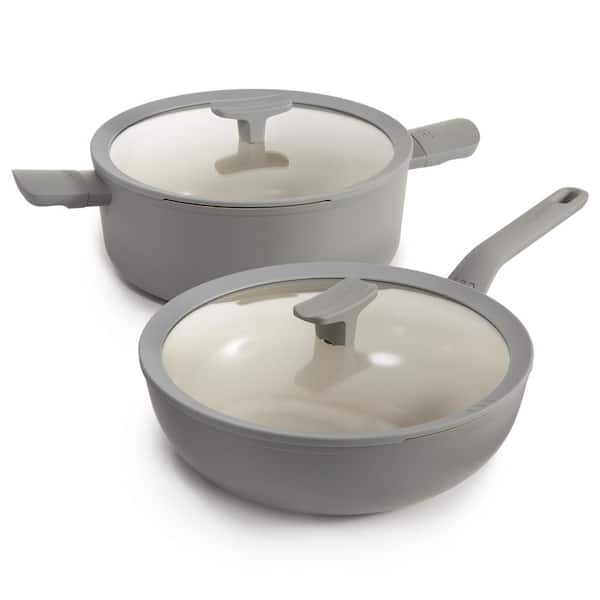 BergHOFF Balance 4-Piece Recycled Aluminum Nonstick Ceramic Stockpot and Wok Pan Set in Moonmist with Glass Lid
