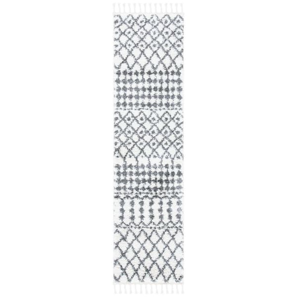 SAFAVIEH Berber Fringe Shag 2 ft. x 8 ft. Ivory/Dark Gray Geometric Striped Runner Rug