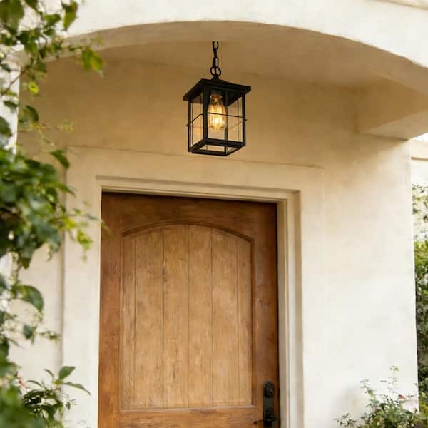 Mill Modern Farmhouse Black Outdoor Pendant Light 1-Light Coastal Hanging Lantern with Seeded Glass for Covered Patio