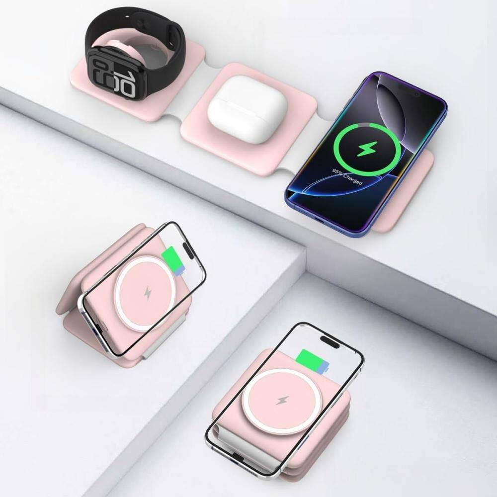 Foldable Magnetic Wireless Charging Station for Phone, Watch and Earpods, Multiple Devices Travel Charging Pad, Pink