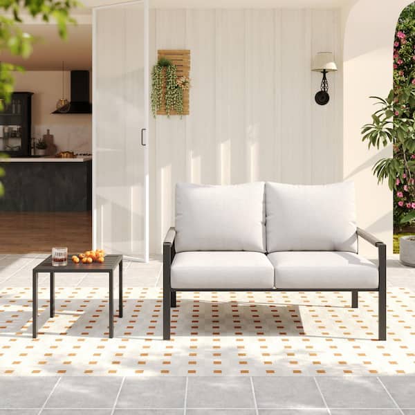 2-Piece Metal Outdoor Furniture Set Loveseat with Warm Grey Cushions and Coffee Table