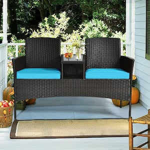 1-Piece Wicker Outdoor Loveseat with Turquoise Cushions and Built-In Table