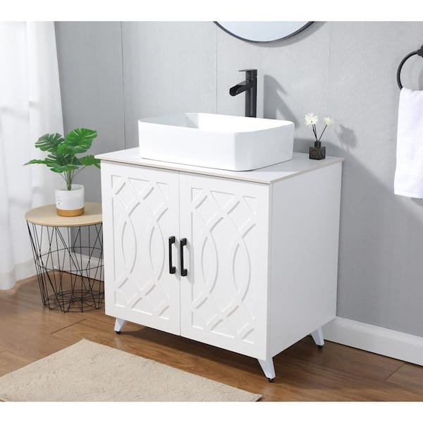 30 in. W x 20 in. D x 34 in. H Freestanding White Bath Vanity with White Ceramic Sink Top with Vessel Sink Unassembled