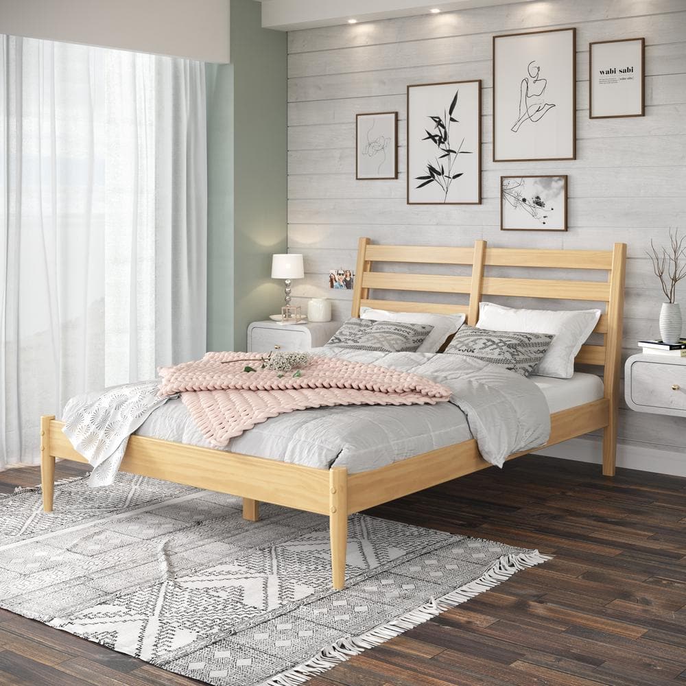Mid-Century Queen Platform Bed with Slatted Pine Wood Headboard