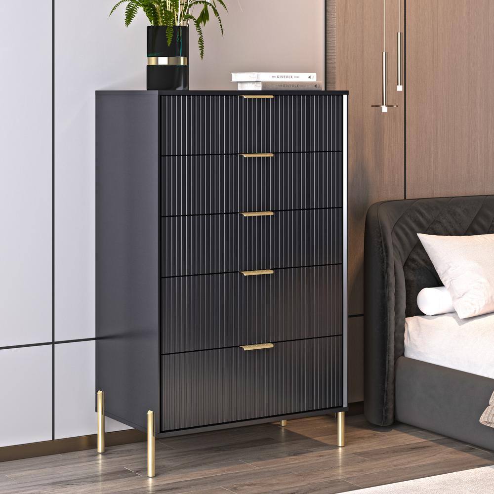 Black Vertical 5-Drawer Dresser Chest with Gold Handles