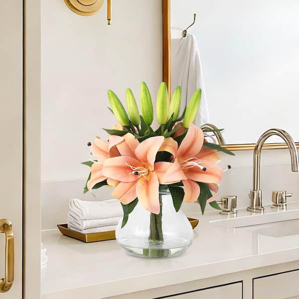 MOVECOM Realistic Artificial Lily Bouquet w/ Clear Glass Vase – 13