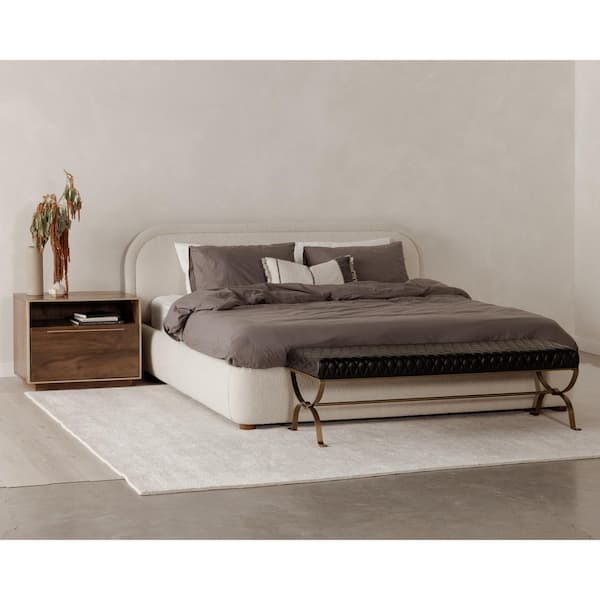 Eros Beige Solid Pine Frame Queen Platform Bed with Velvet Upholstery and Curved Design