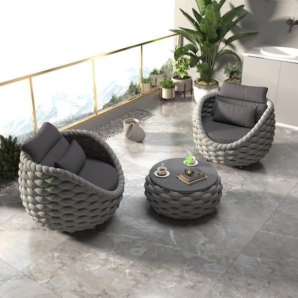 TWT 3-Piece Gray Aluminum Woven Rope Patio Conversation Set Armrest Sectional Chair with Coffee Table, Gray Cushions