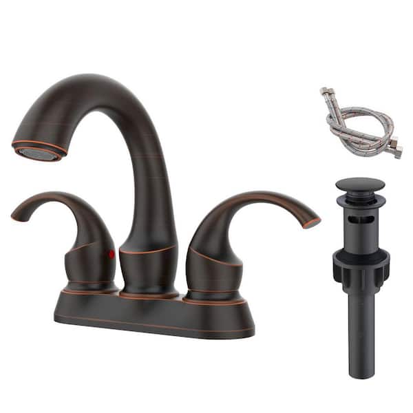 GELE 4 in. Centerset Double Handle High Arc Bathroom Faucet with Drain Kit Included in Bronze