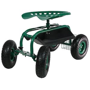Green Steel Rolling Garden Cart with Steering Handle, Swivel Seat and Basket