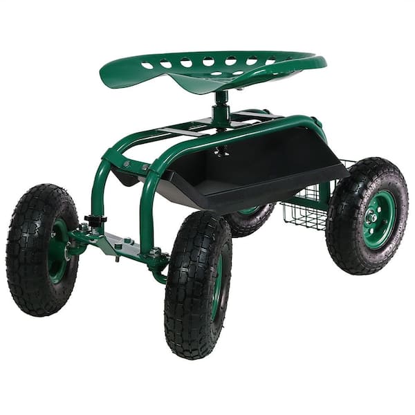 Sunnydaze Decor Green Steel Rolling Garden Cart with Steering Handle, Swivel Seat and Basket