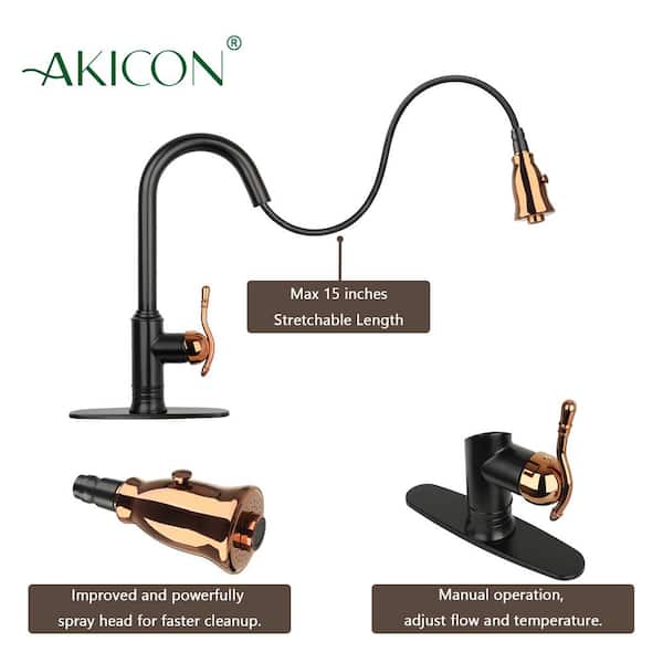 Akicon Two Tone Single Handle Deck Mount Pull Down Sprayer Kitchen