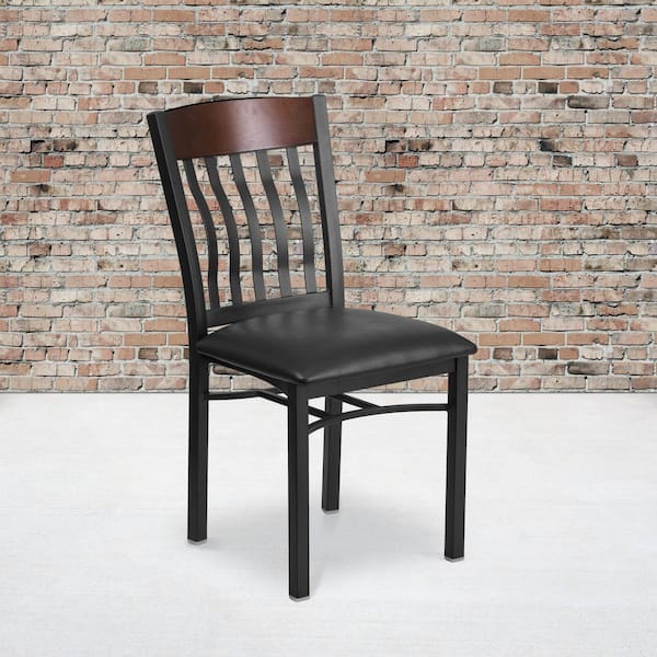 Eclipse Series Vertical Back Black Metal and Walnut Wood Restaurant Chair with Black Vinyl Seat