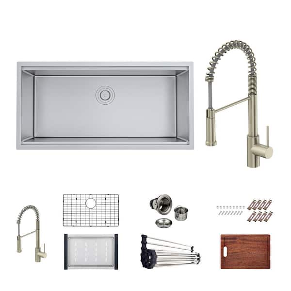 PELHAM & WHITE Bryn Stainless Steel 16- Gauge 33 in. Single Bowl Undermount Kitchen Sink Workstation with Classic Faucet, Grid, Drain