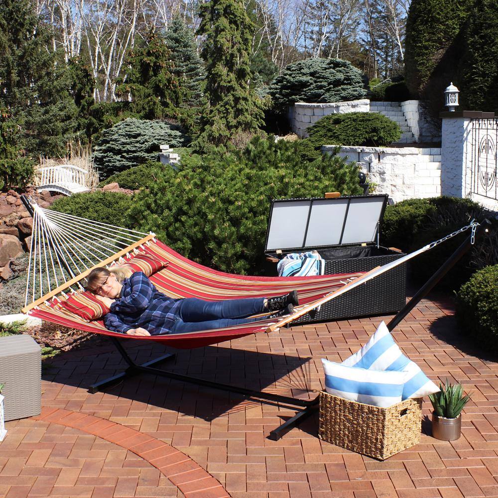 Red and Brown Quilted Fabric 2-Person Hammock with Steel Stand