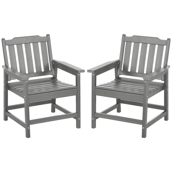 Outsunny 2-Piece All-Weather Patio Chairs, HDPE Patio Dining Chair Set, Heavy-Duty Wood-Like Outdoor Furniture, Gray