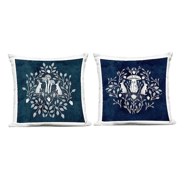 Boho Mirrored Floral Bunnies Blue Square Outdoor Throw Pillow (2-Pack)