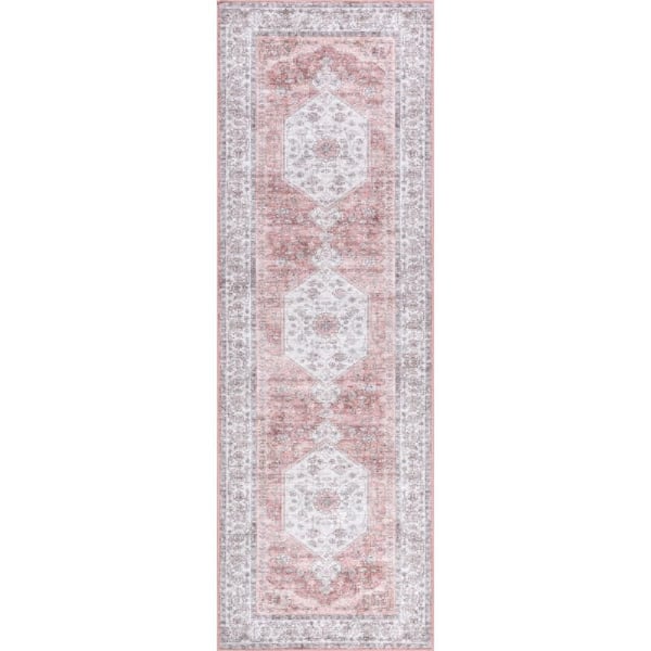 Prairie Medallion Spill Proof Machine Washable 2 ft. 6 in. x 8 ft. Ivory Runner Rug