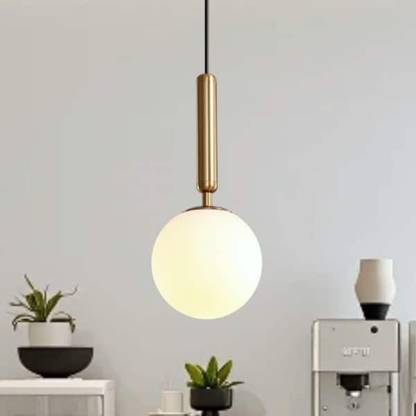 5.9 in. Dia 1-Light Brass Globe Mini Pendant Light with Opal Glass for Kitchen Island Dining Room