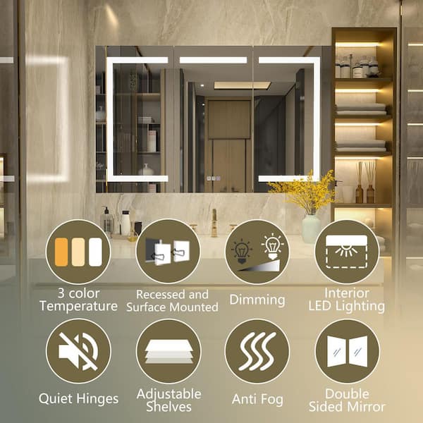 48 in. W x 30 in. H Rectangular Silver Aluminum Recessed/Surface Mount Medicine Cabinet with Mirror and LED