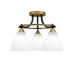 Madison 15.25 in. 3-Light Matte Black and Brass Semi-Flush Mount with White Marble Glass Shade